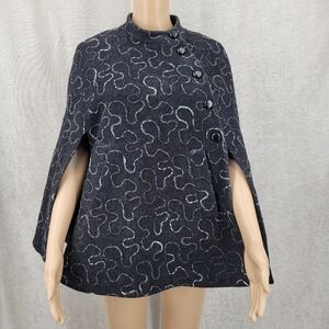 Vintage Wool Blend Charcoal Gray Cape with Button Details Felted Design